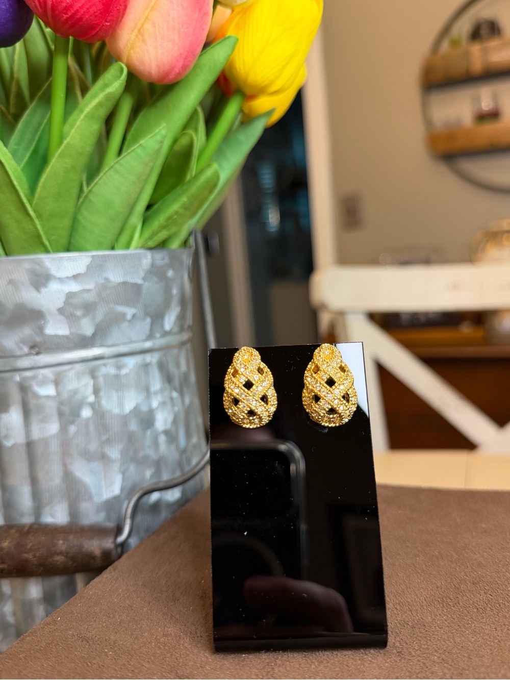 *COA* Dior Gold Lattice Teardrop Clip-On Earrings With Crystal Accents